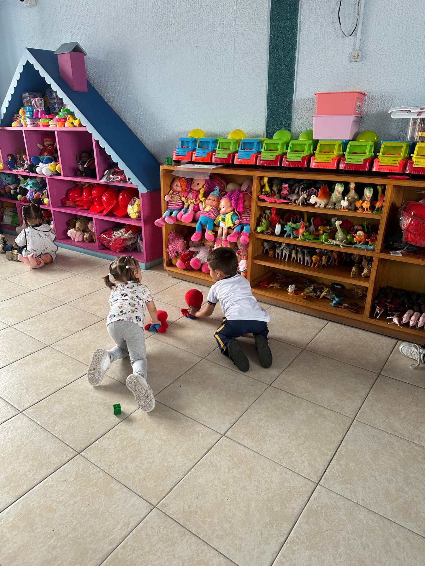 Dos niños jugando frente a estanterías llenas de juguetes didácticos